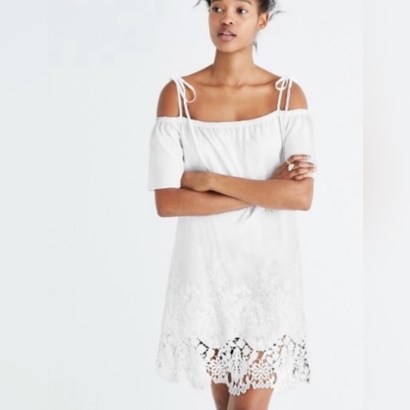 NWT Madewell Off Shoulder Alexa Chung White Lace Dress w Tasseled Shoulder Ties - Picture 4 of 9